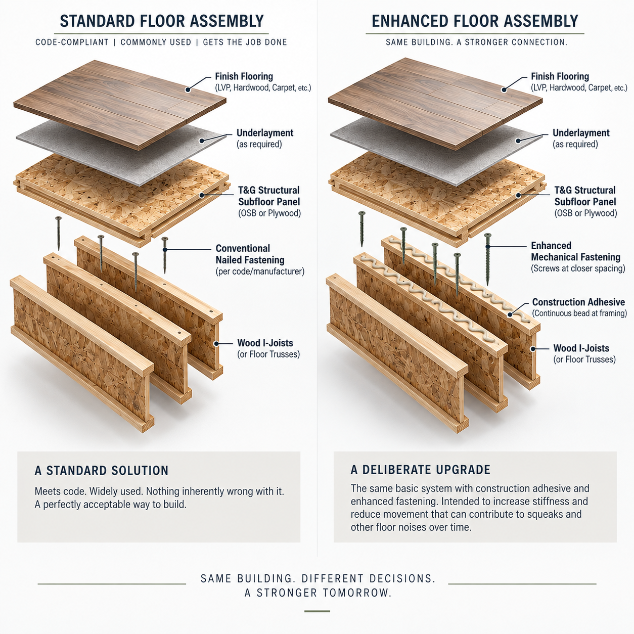 Comparison of standard and enhanced apartment floor assemblies showing differences in subfloor fastening, construction adhesive, and floor system components.