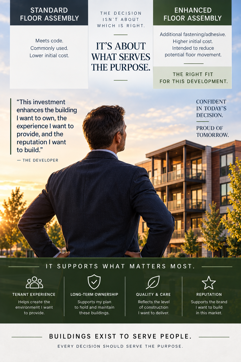 Apartment developer evaluating standard and enhanced floor assembly options against long-term ownership, tenant experience, quality, reputation, and project purpose.