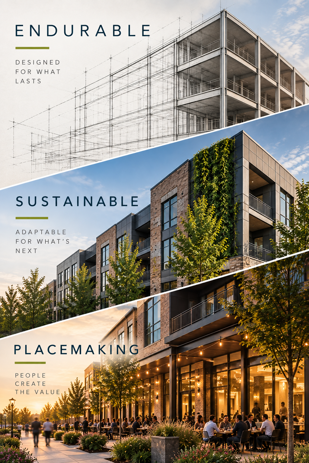 “Endurable, Sustainable and Placemaking principles of ESP Architects, illustrating building longevity, adaptability and places designed to serve people.”