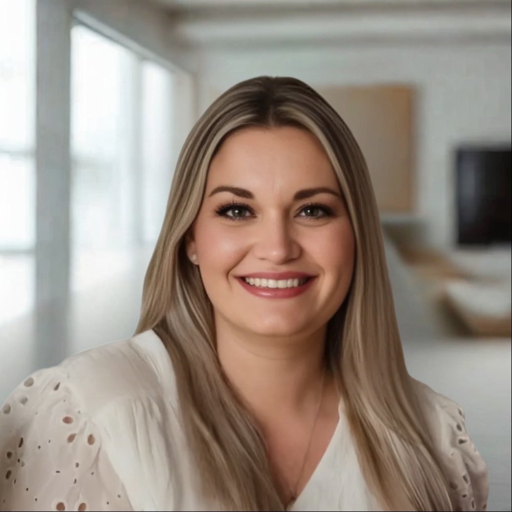 Close-up of a young woman with curly hair wearing glasses, earrings, and a necklace, smiling indoors.