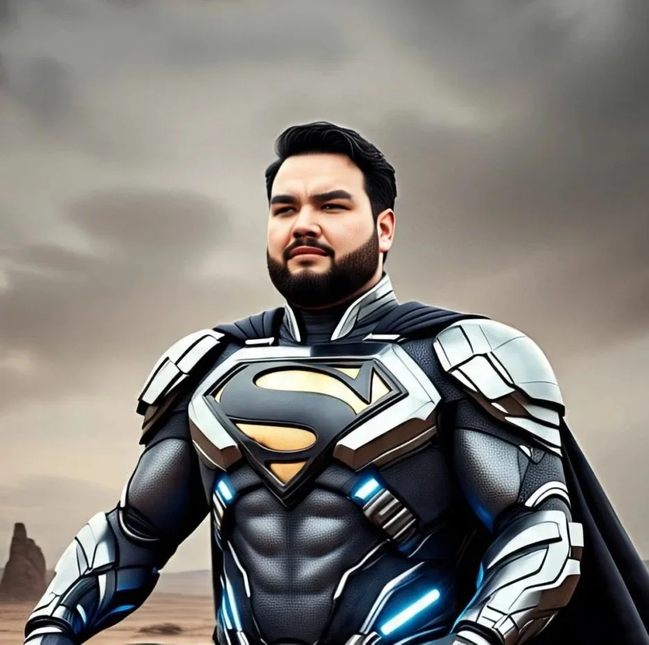 A man in a futuristic Superman costume with armor and glowing blue accents, standing outdoors against a cloudy sky.