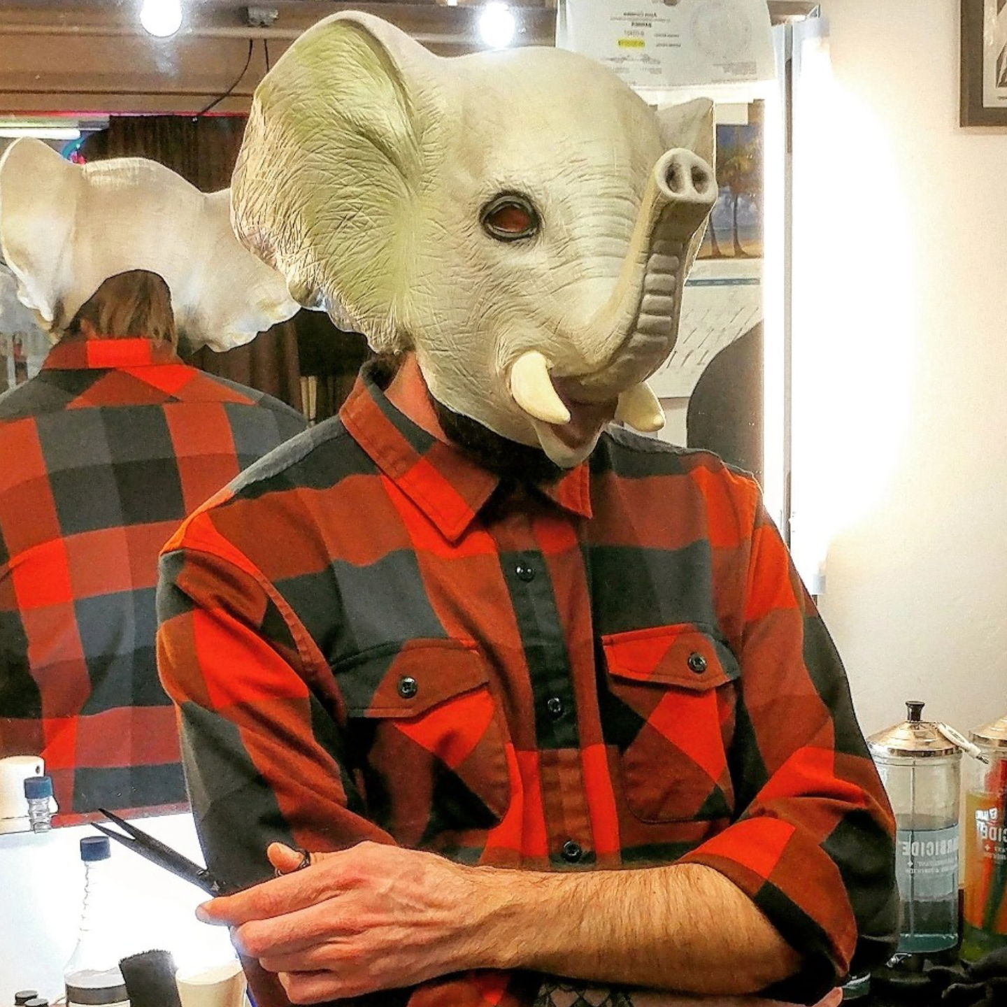 Person wearing a realistic-looking elephant mask, dressed in a red and black plaid shirt, sitting with arms crossed in an indoor setting.