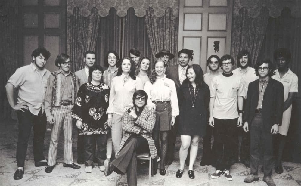 A black and white photo of the 1970 Clarion Writer's Workshop class photo, featuring Octavia Butler, Harlan Ellison, and more.