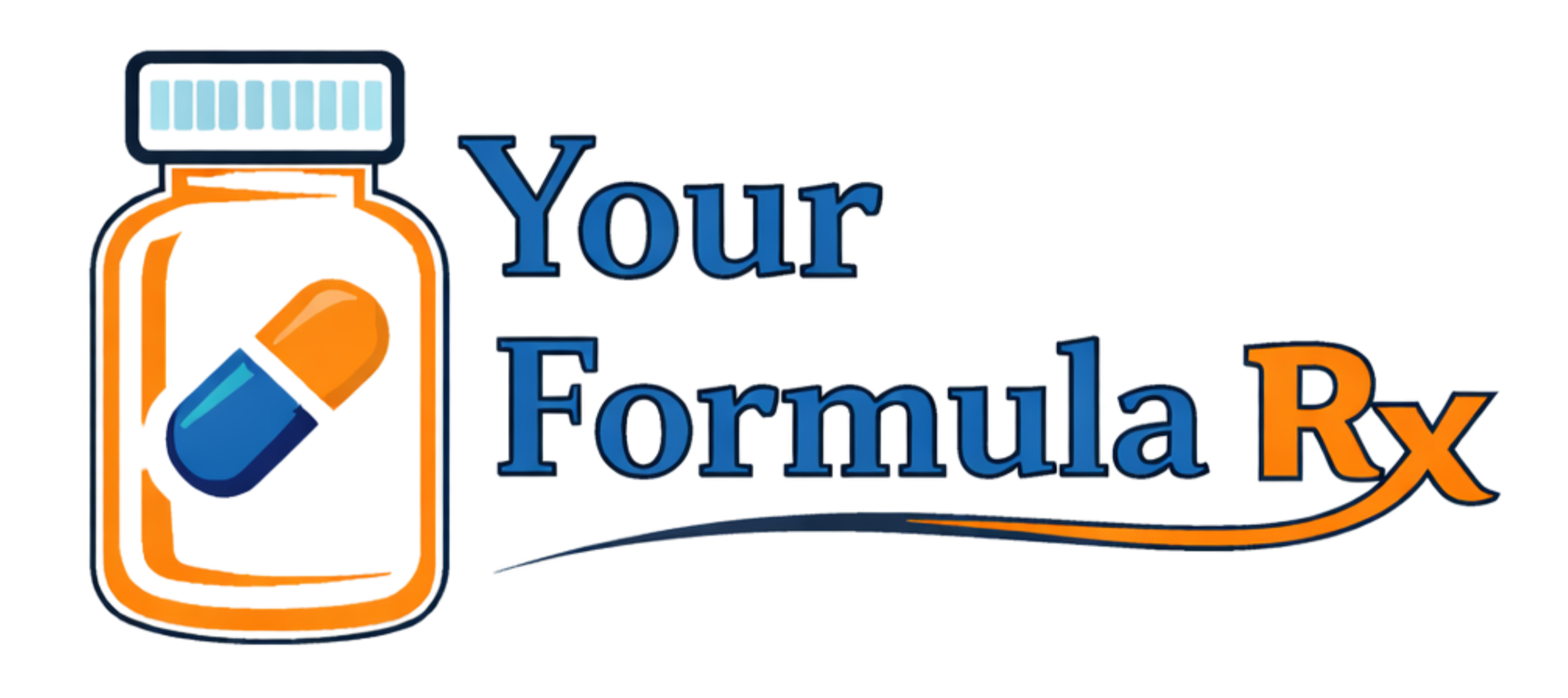 A logo featuring a prescription pill bottle with a blue and orange capsule inside, next to the text 'Your Formula Rx' in blue and orange.