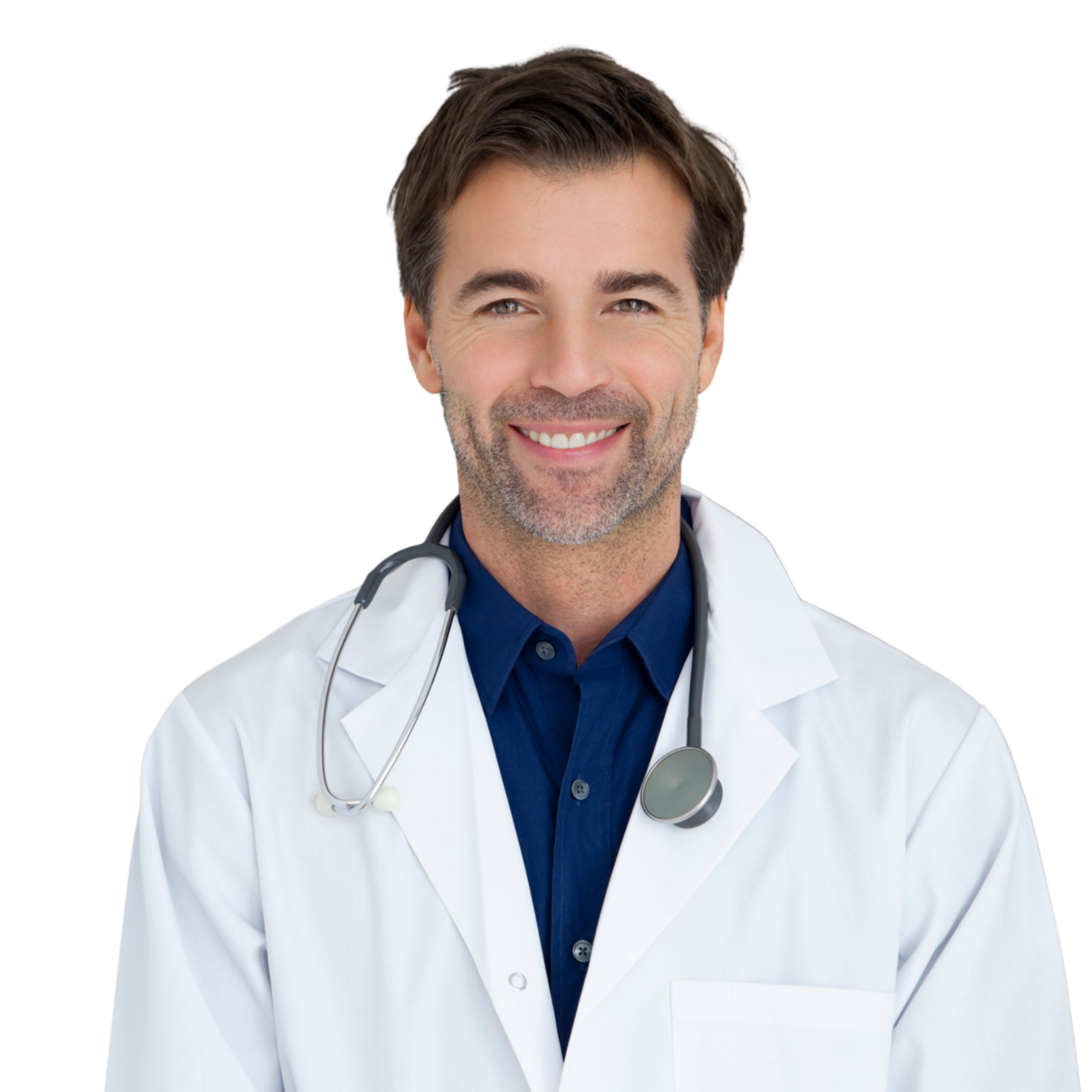 Smile of a male doctor wearing a white coat and stethoscope