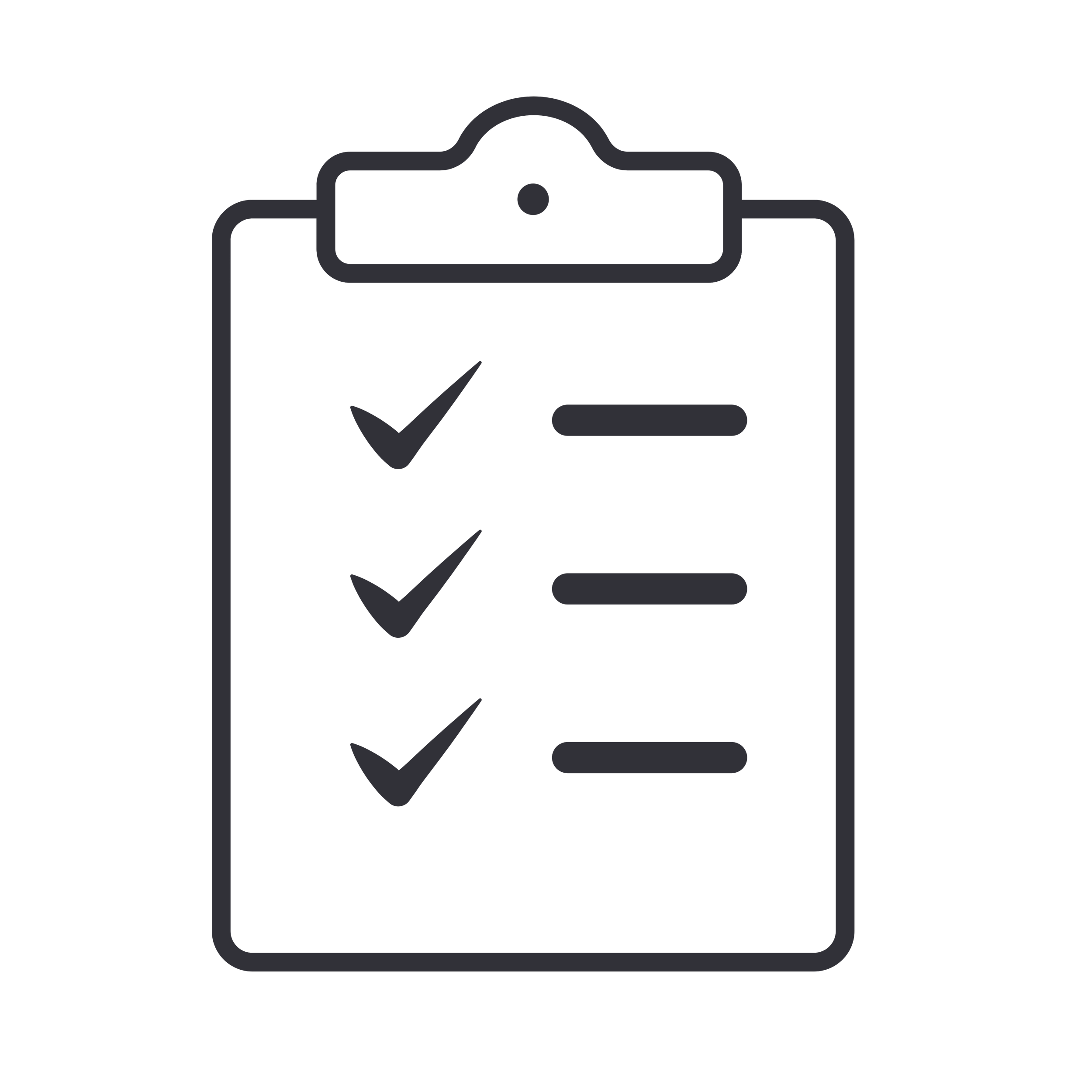 Outline of a clipboard with three checkmarks next to lines of text.