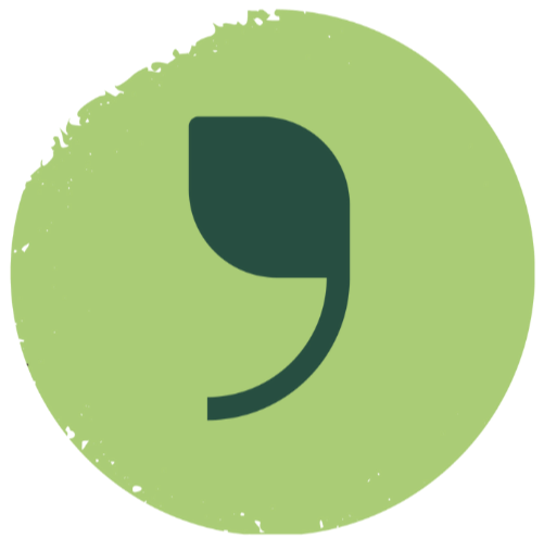 Pictogramme de l'Avant-champ avec une feuille-virgule stylisée de couleur verte foncée sur un fond rond aux bord légèrement friables vert pâle.