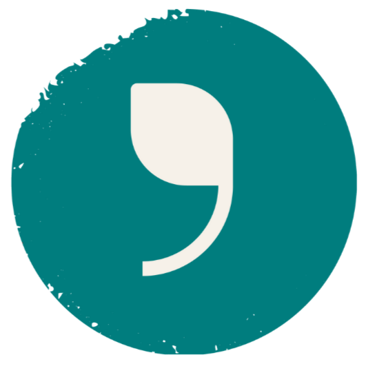 Logo circulaire avec un symbole de virgule dans un cercle bleu vert