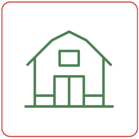 Icône minimaliste d'une grange verte, avec un toit en pente, une porte centrale et une fenêtre au-dessus, le tout sur fond blanc.