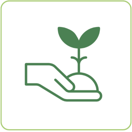 Icône minimaliste d'une main verte sur fond blanc tenant une petite plante qui pousse de la terre.