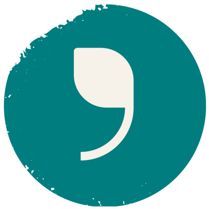 Pictogramme de l'Avant-champ avec une feuille-virgule stylisée de couleurbeige sur un fond rond aux bord légèrement friables de couleur turquoise.