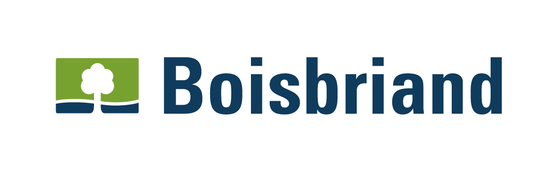 Logo de Boisbrind avec un arbre stylisé dans un carré vert et une ligne d'eau bleue, avec le texte 'Boisbriand' à droite.