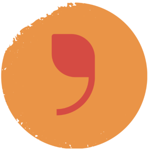 Pictogramme de l'Avant-champ avec une feuille-virgule stylisée de couleur rouge sur un fond rond orange aux bord légèrement friables.