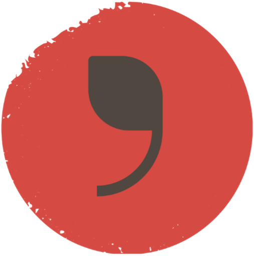 Pictogramme de l'Avant-champ avec une feuille-virgule stylisée de couleur brune sur un fond rond aux bord légèrement friables rouge.