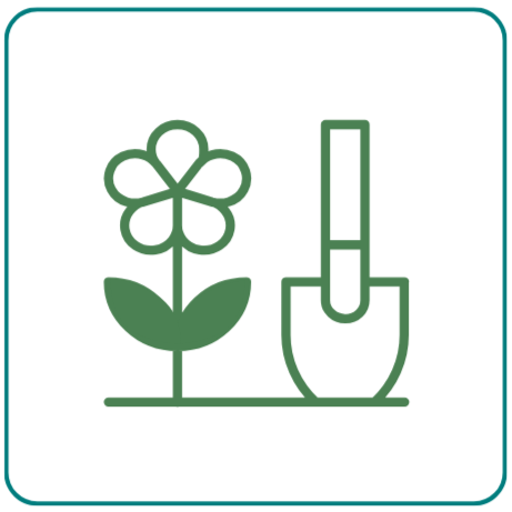 Icône minimaliste d'une fleur et d'une pelle sur fond blanc