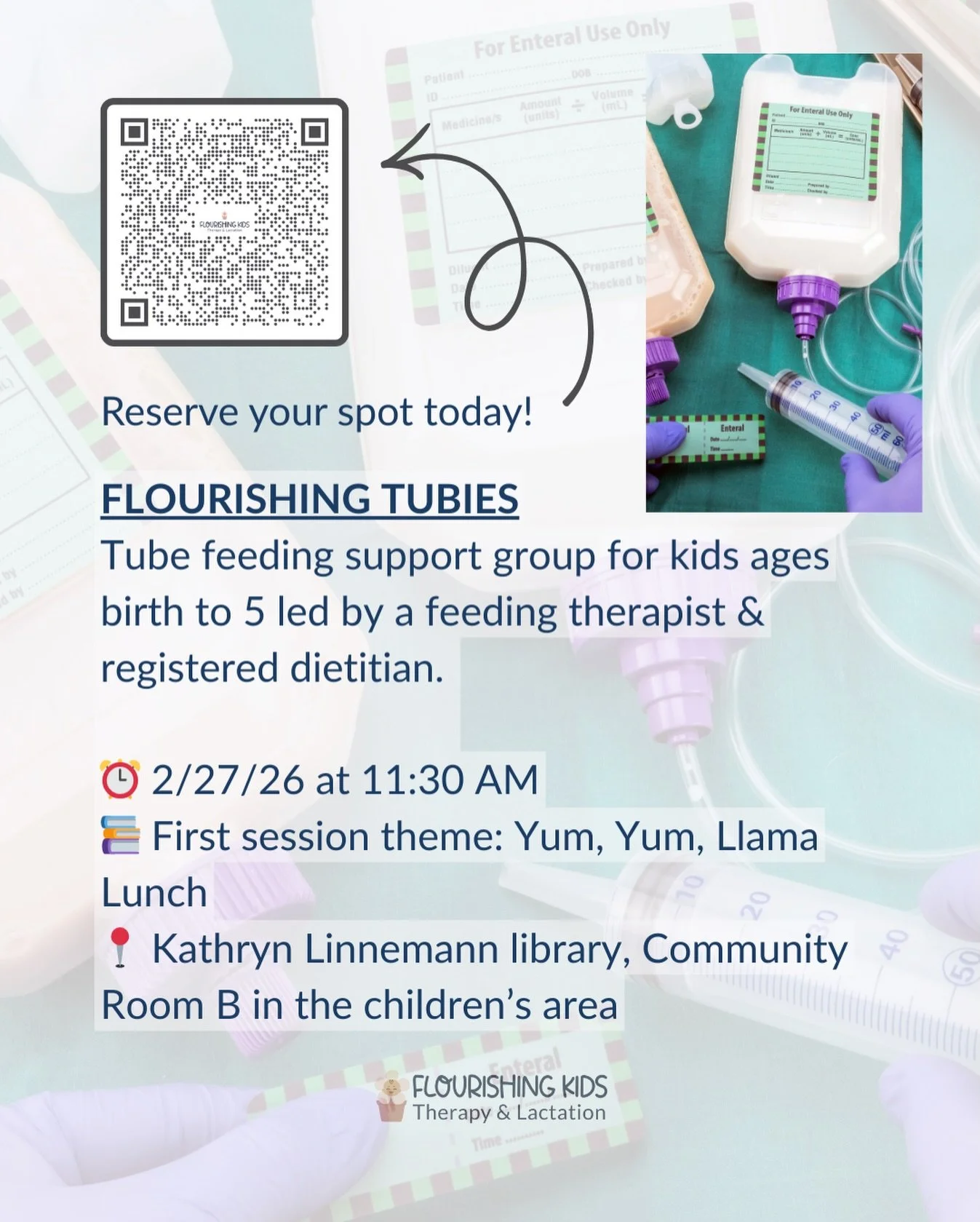 We would love to have you join us! We&rsquo;re offering a free support group as a space for connection and encouragement for families navigating tube feeding. 

Reserve your spot by tapping the QR code for the booking link.

#TubeFeedingSupport #Medi