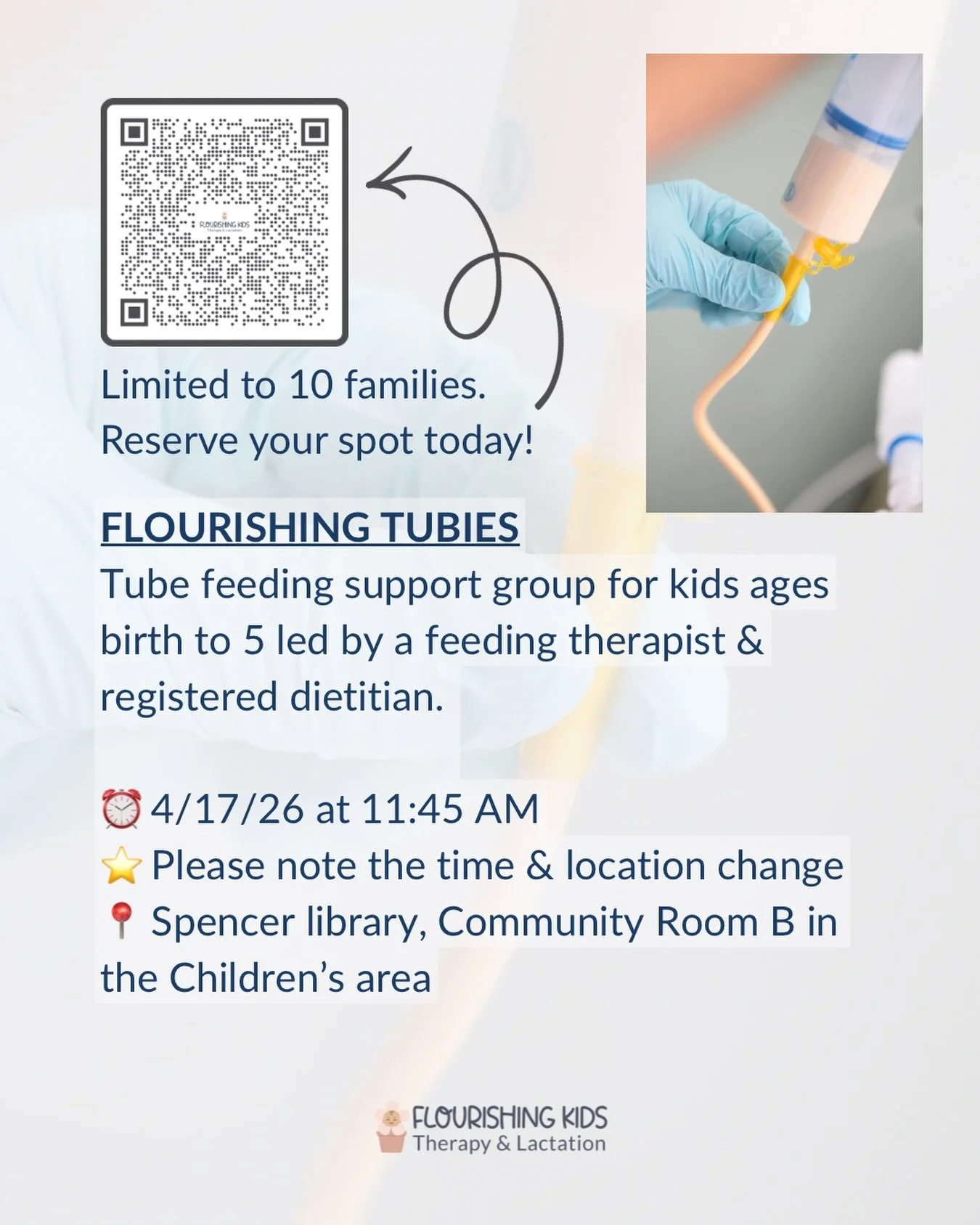 ✨Tube Feeding Support Group tomorrow, 4/17 at 11:45 AM. 

We&rsquo;re meeting at the Spencer Library in Community Room B. 

This is a relaxed space for parents and caregivers of babies and kids who use feeding tubes to connect, swap tips, and feel su