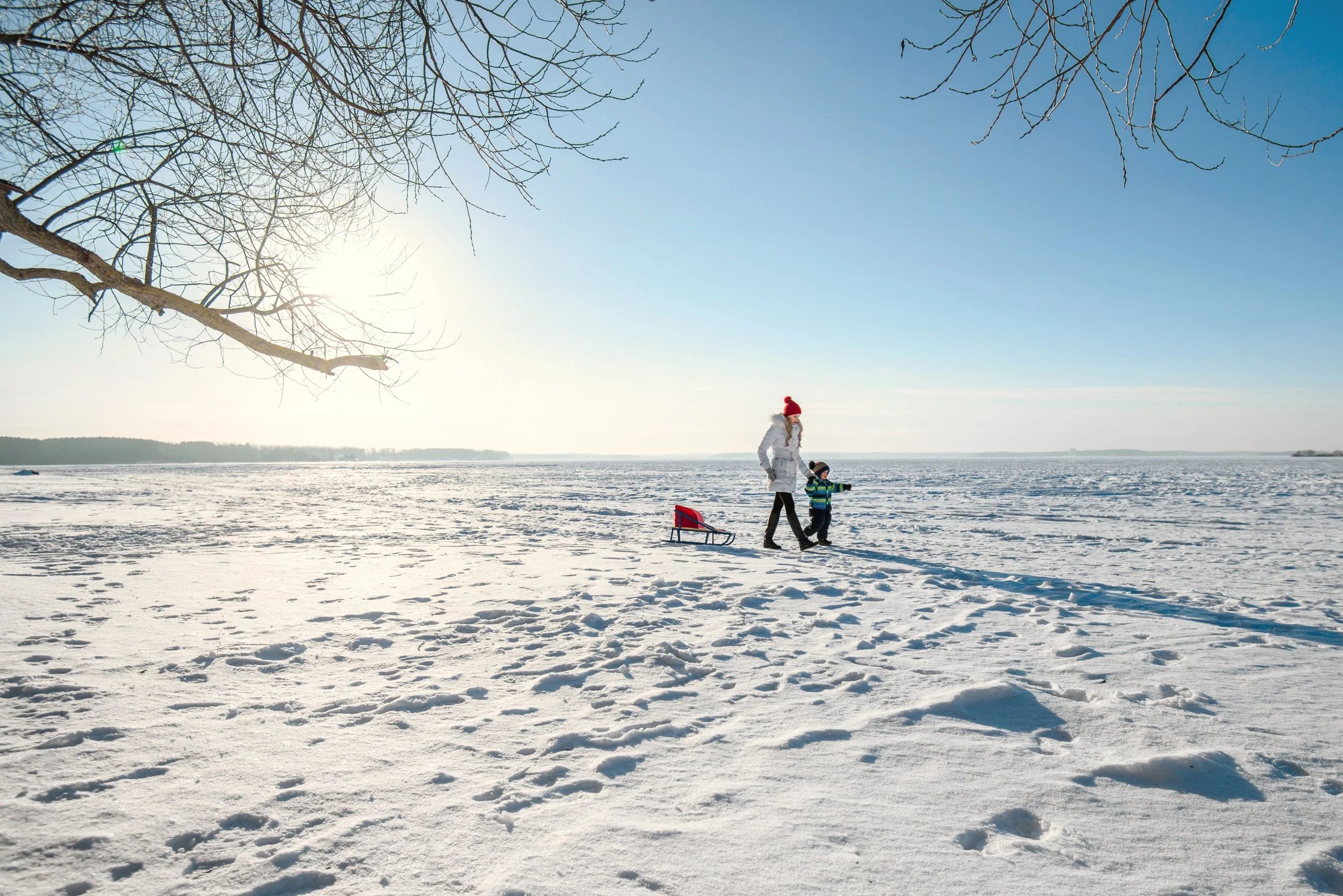 This image is of two family members, walking across a frozen lake. The adult is pulling a sled, holding the hand of a child walking beside them and pointing. The sun in shining on this winter landscape, with trees in the foreground and far background