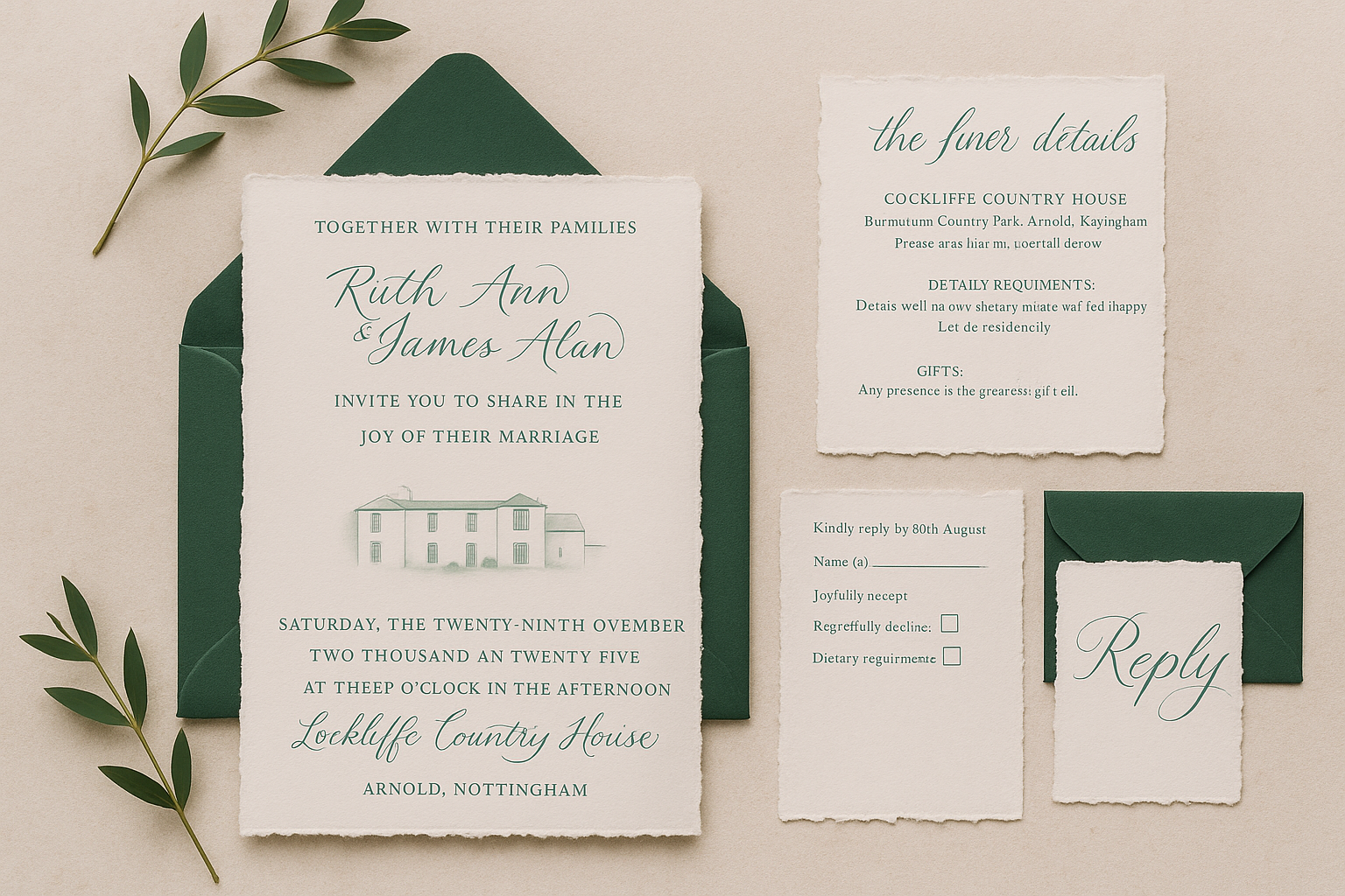 flay lay image of a green and natural coloured wedding invitation with dark green venue illustration and coordinating forest green envelope. Flay lay decorated with green foliage.