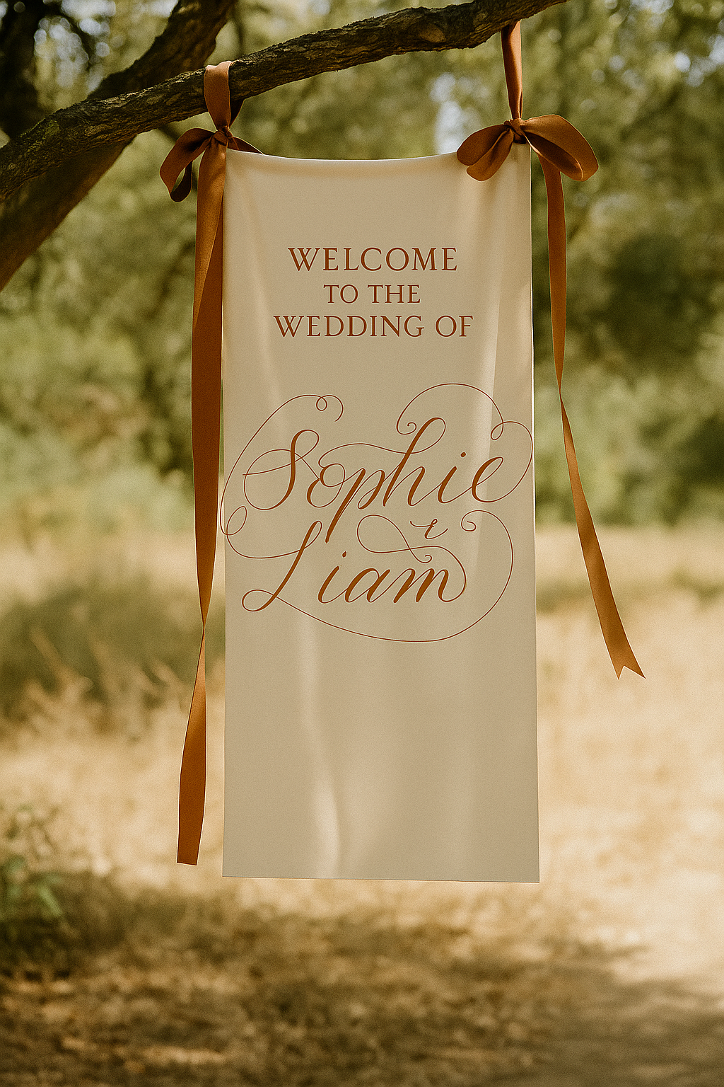 A long fabric sign hung on a tree outside with long flowing riboons (burnt orange). The lettering has been written in calligraphy and displays the names Sophie and Liam