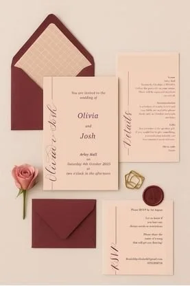 Wedding invitation suite including an invite card for Olivia and Josh, a RSVP card, pink rose, burgundy envelopes, a ring, and a wax seal.