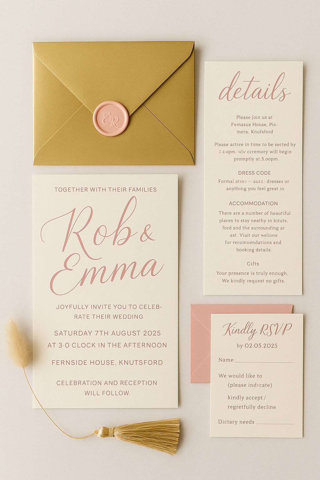 Wedding invitation set including an envelope with a pink wax seal, a wedding details card, a reception invitation, and a RSVP card, all in soft pastel colors on a white background.