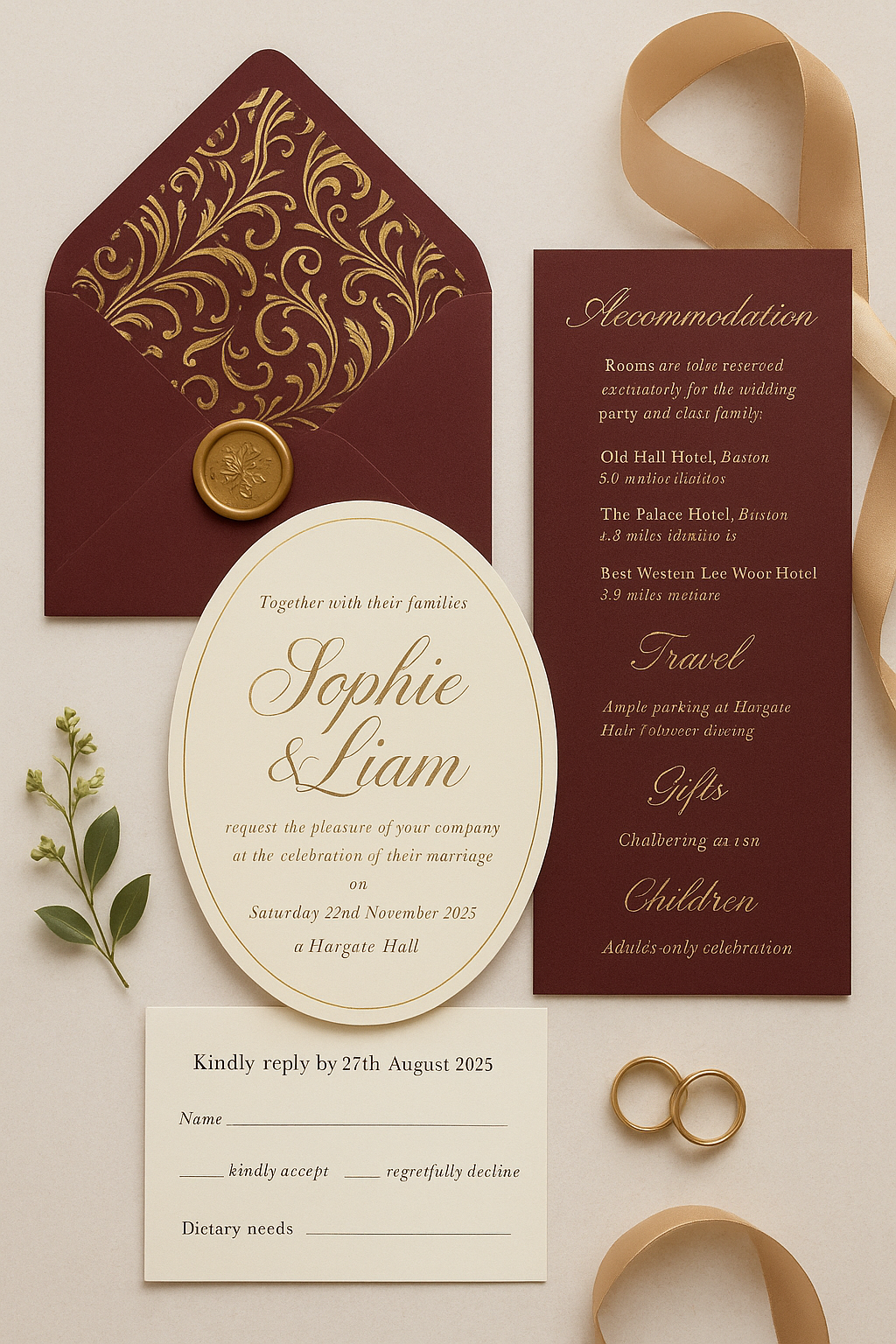 Wedding invitation set including burgundy and white cards, a gold wax seal, an open burgundy envelope with gold floral pattern lining, gold rings, and beige ribbons.