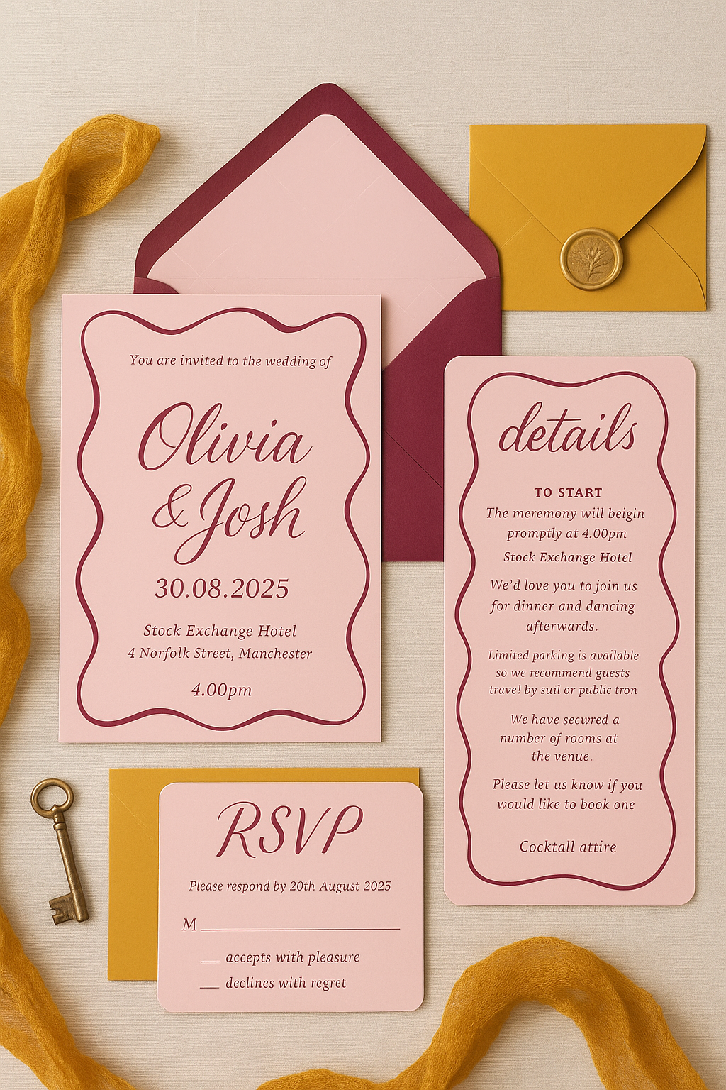 Wedding invitation suite with pink and burgundy accents, including RSVP card, event details, two envelopes with gold wax seal, and decorative yellow fabric and key.