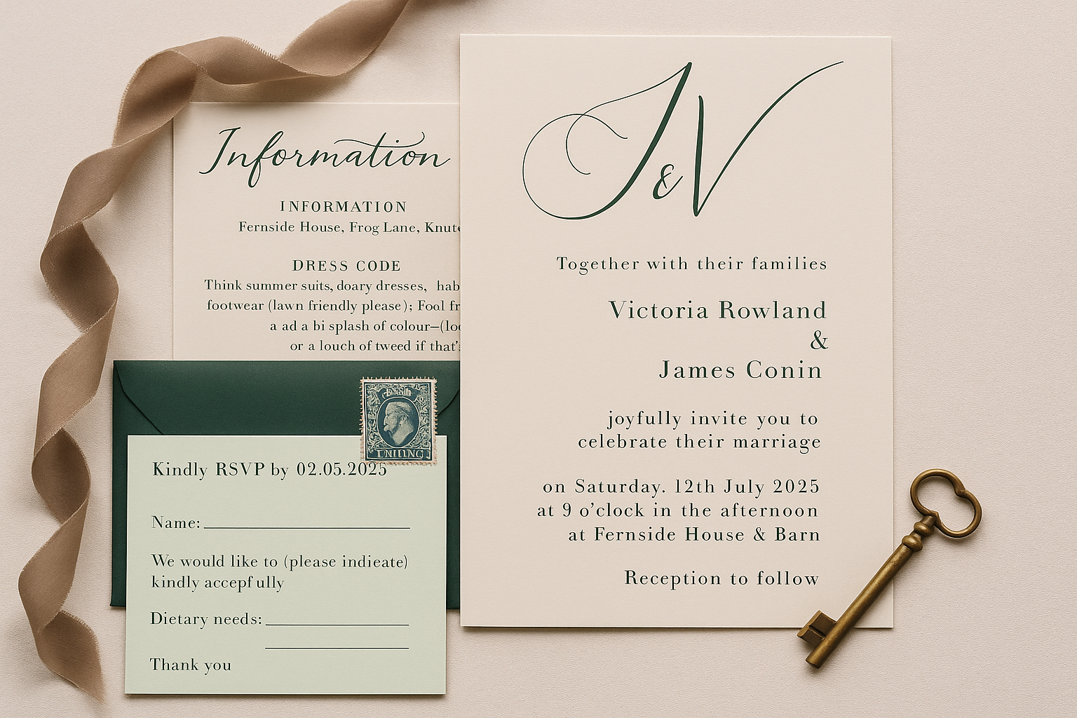 Wedding invitation with elegant cursive and serif fonts, RSVP card, brass key, beige ribbon, and cream-colored background.
