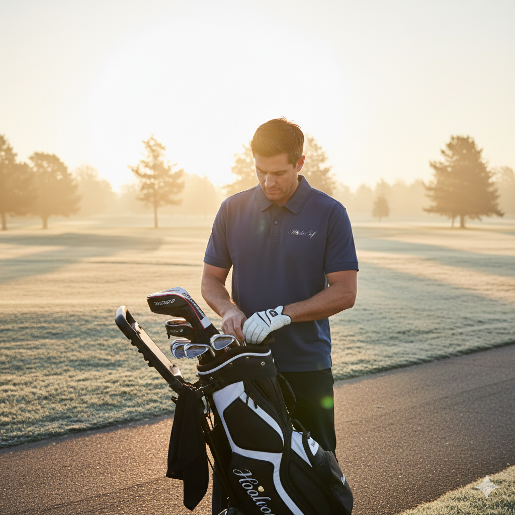 Man on golf course with golf clubs in a golf bag, preparing to play at sunrise or sunset.