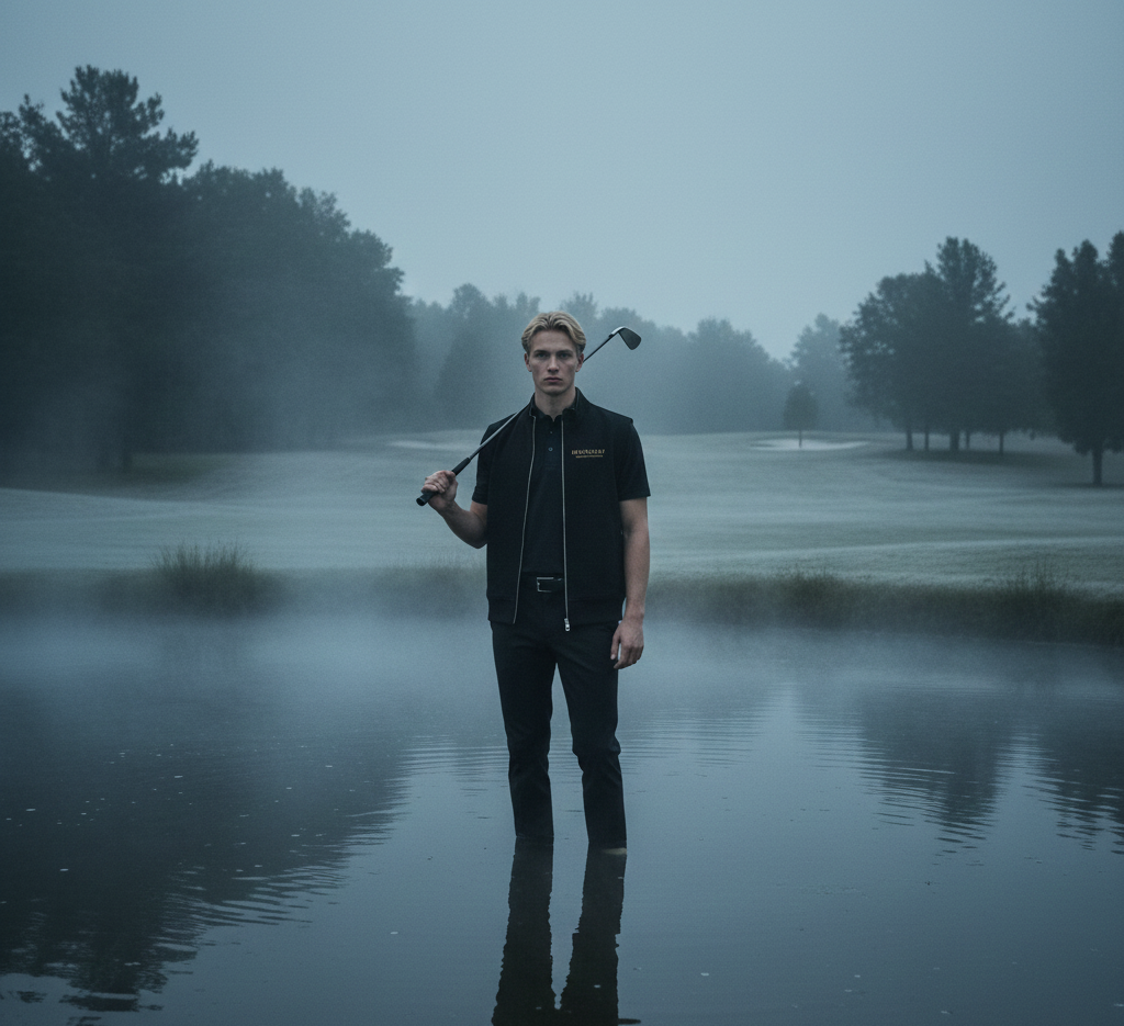 A young man standing in a body of water on a golf course holding a golf club on a foggy day.