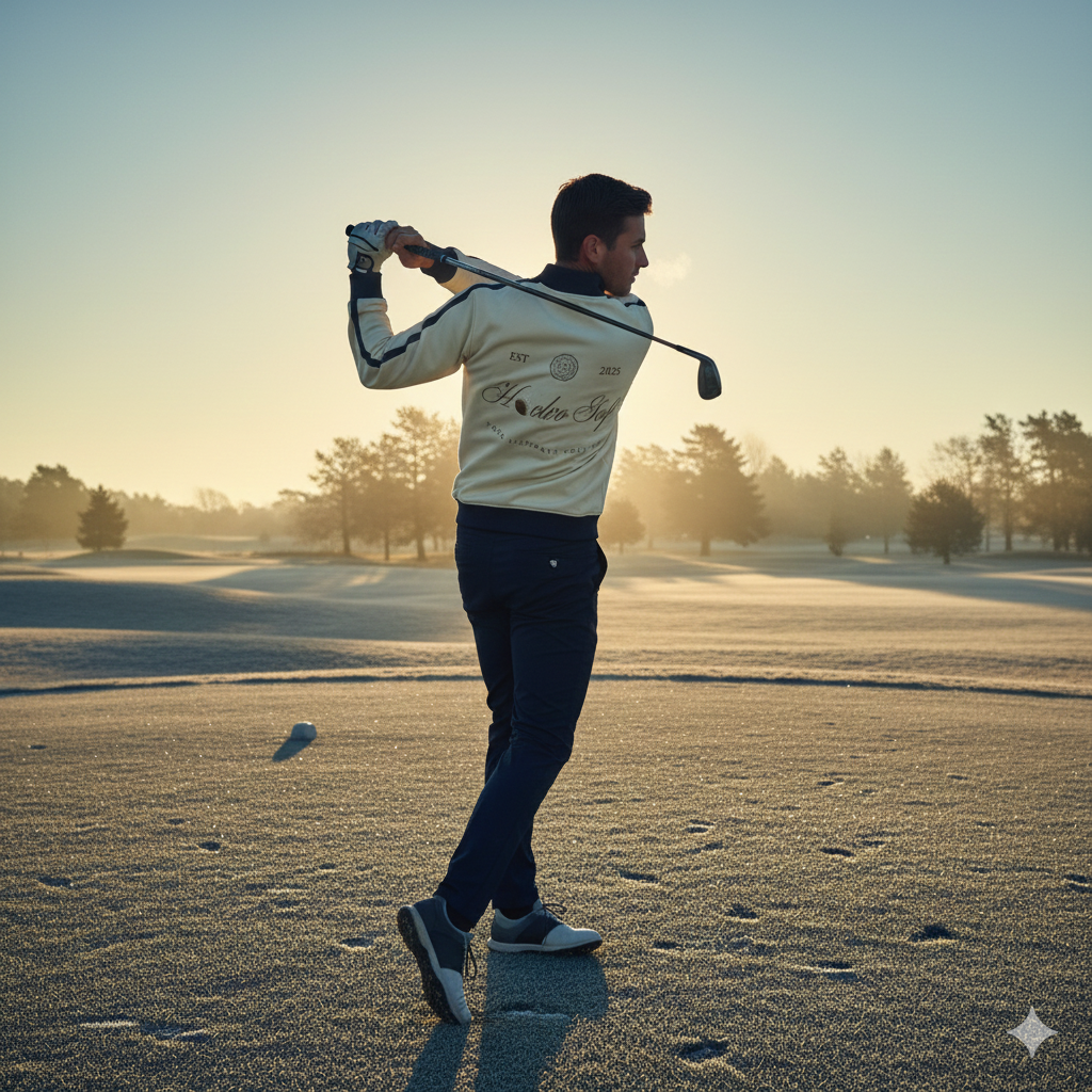 A man playing golf on a course at sunset, mid-swing with a golf club.