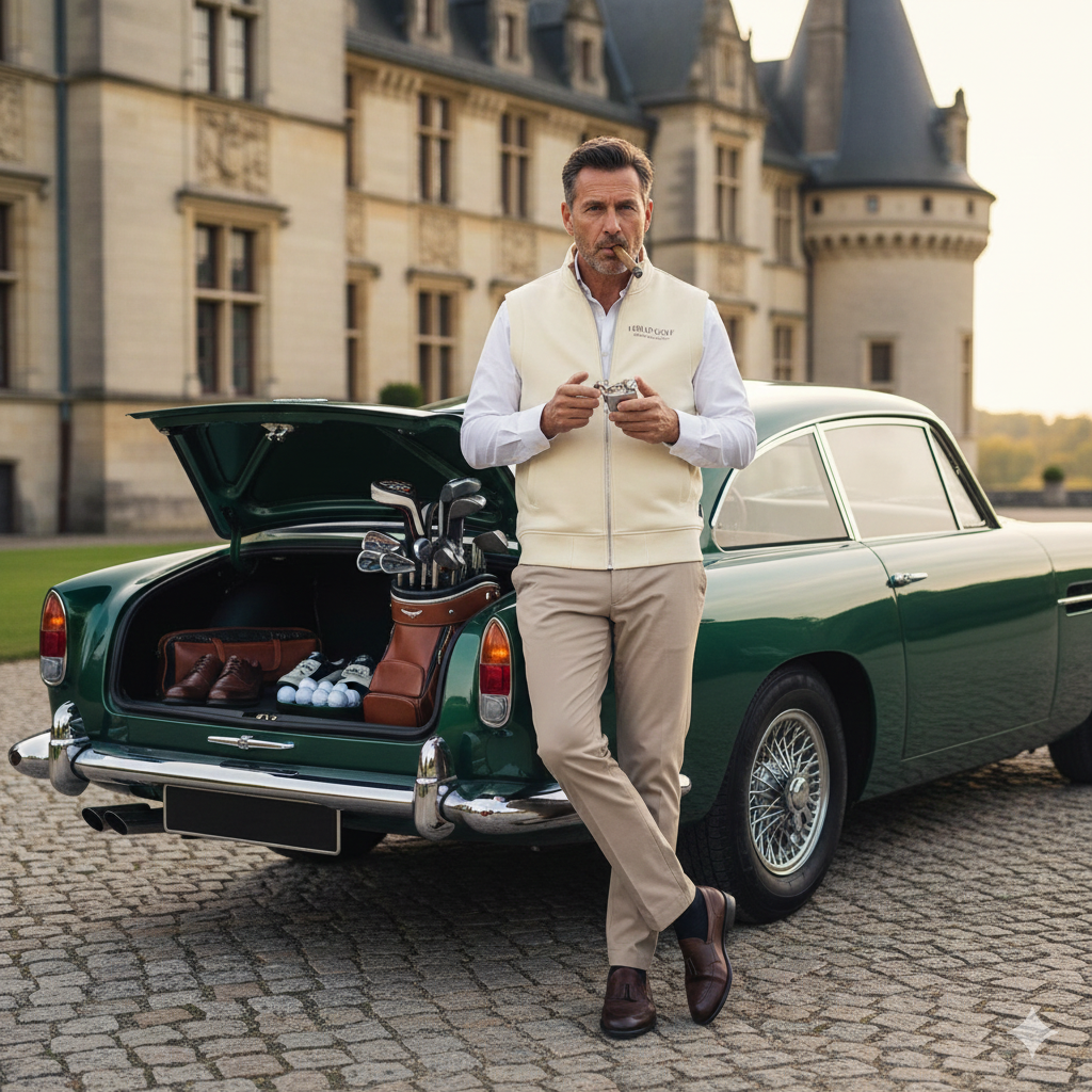 A middle-aged man in beige pants and a light-colored vest is standing outside a classic green car with an open trunk, holding a smoking cigar and a glass of alcohol. The car has golf clubs in its trunk and is parked on a stone-paved area in front of 