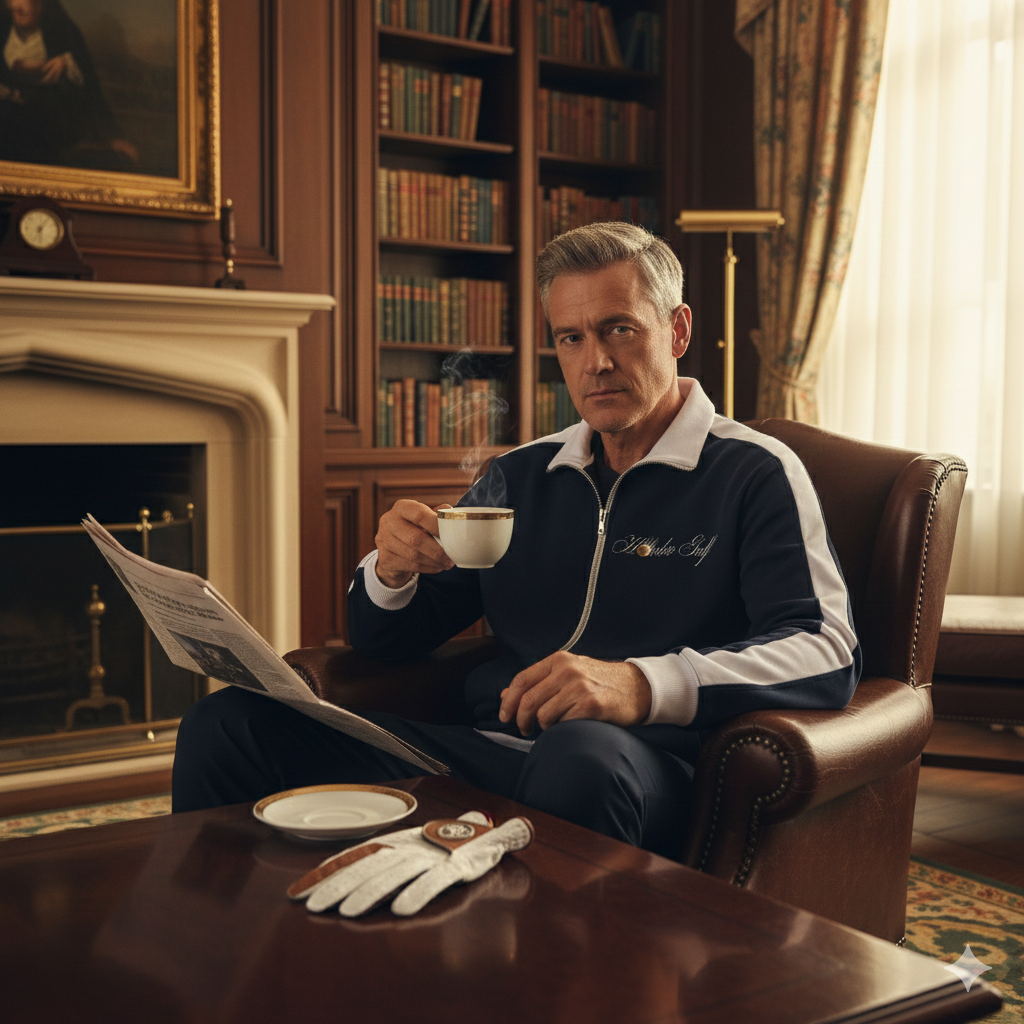A middle-aged man sitting in a brown leather armchair in a cozy library room, holding a cup of coffee, with a newspaper in his lap, a pair of gloves on the table, and a fireplace in the background.