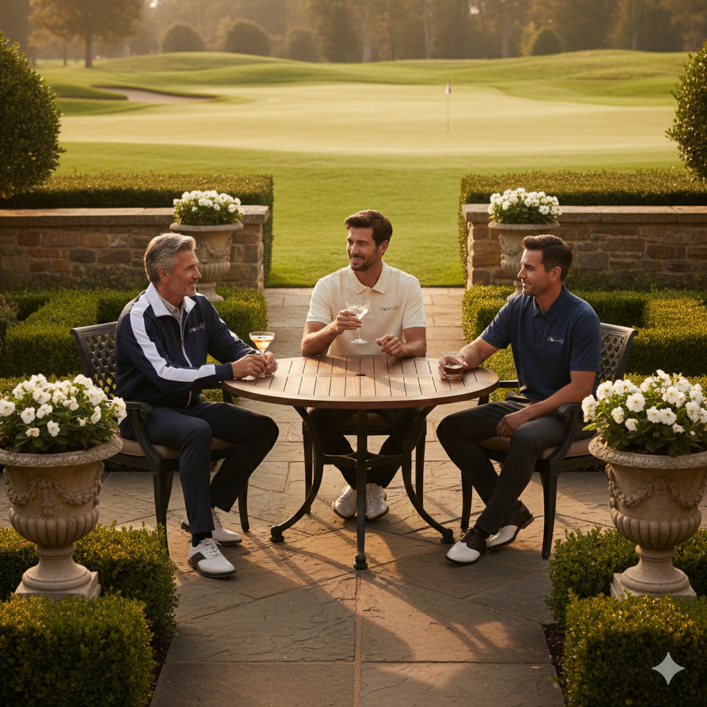 Three men sitting and talking around a round outdoor table on a golf course patio, with drinks in hand and lush green fairway in the background.