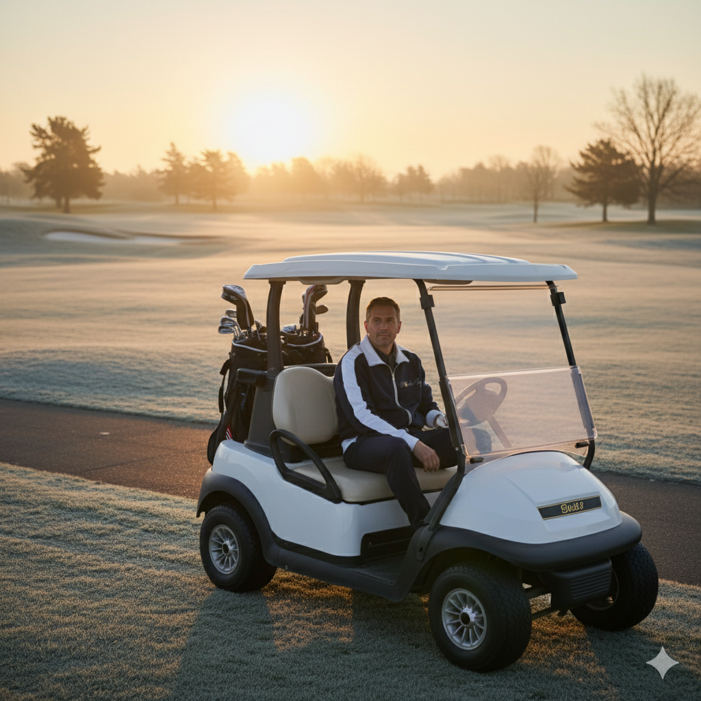 A man sitting in a white golf cart on a golf course during sunrise with trees in the background.
