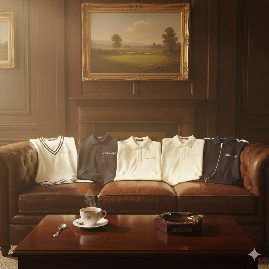 A vintage-style brown leather sofa in a wood-paneled room, with five golf polo shirts displayed across the backrest. The shirts are in white, navy, and black, embroidered or printed with 