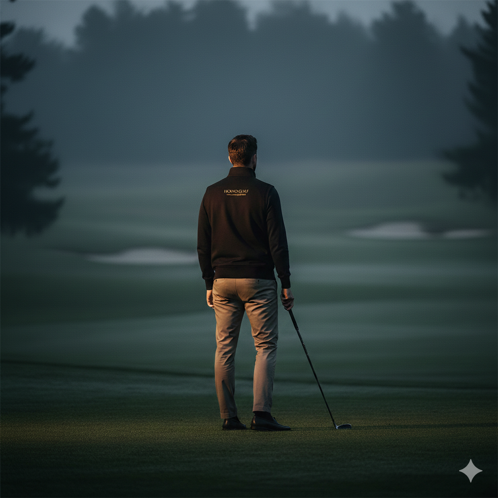 A man dressed in black and khaki pants standing on a golf course, holding a golf club, with trees and a foggy or misty background.
