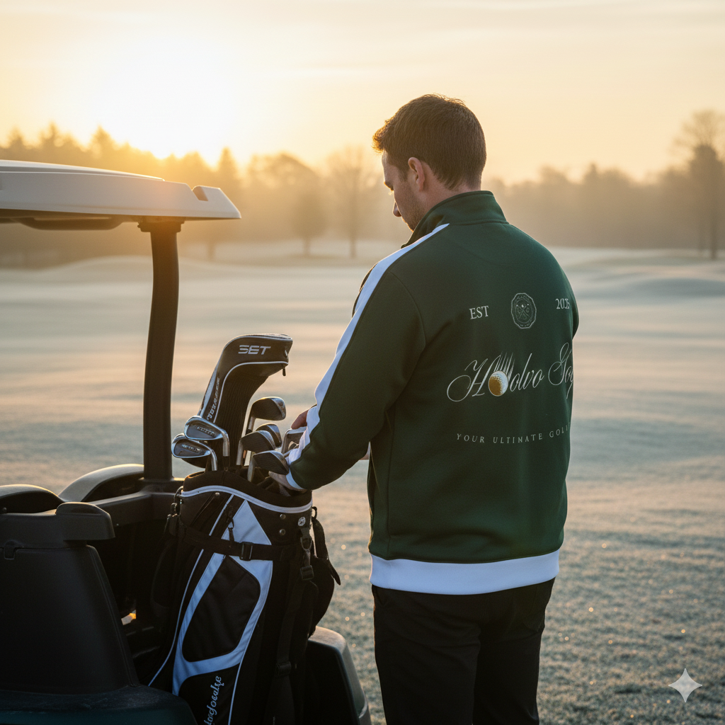A man standing next to a golf cart on a golf course at sunrise, preparing his golf clubs.