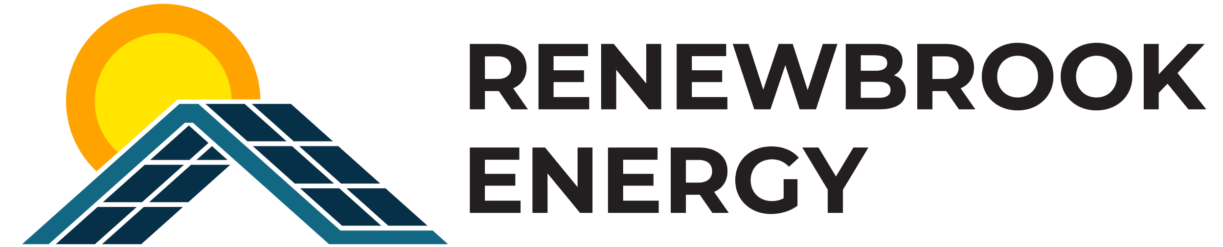 Logo features a yellow sun with orange outline, a solar panel graphic, and the words "Renewbrook Energy" in black text.