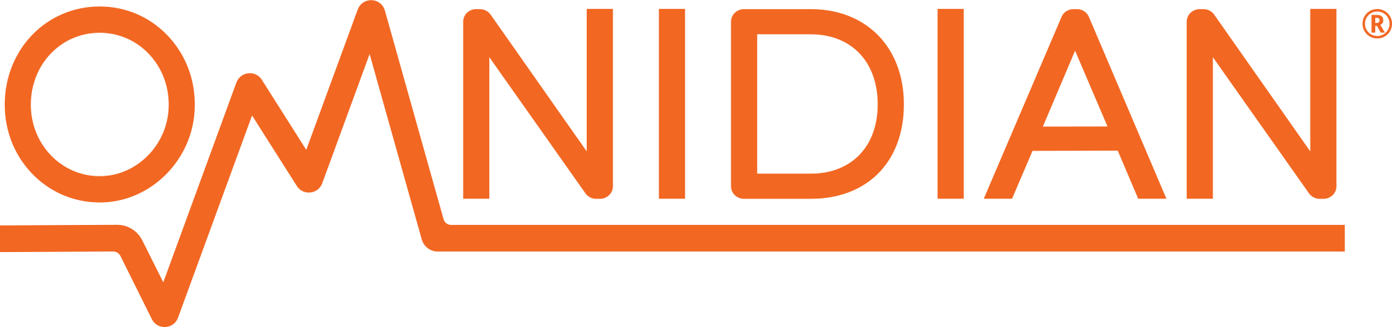 The logo for the company 'Omindian' in orange with a stylized line that looks like a solar panel energy spike making the M