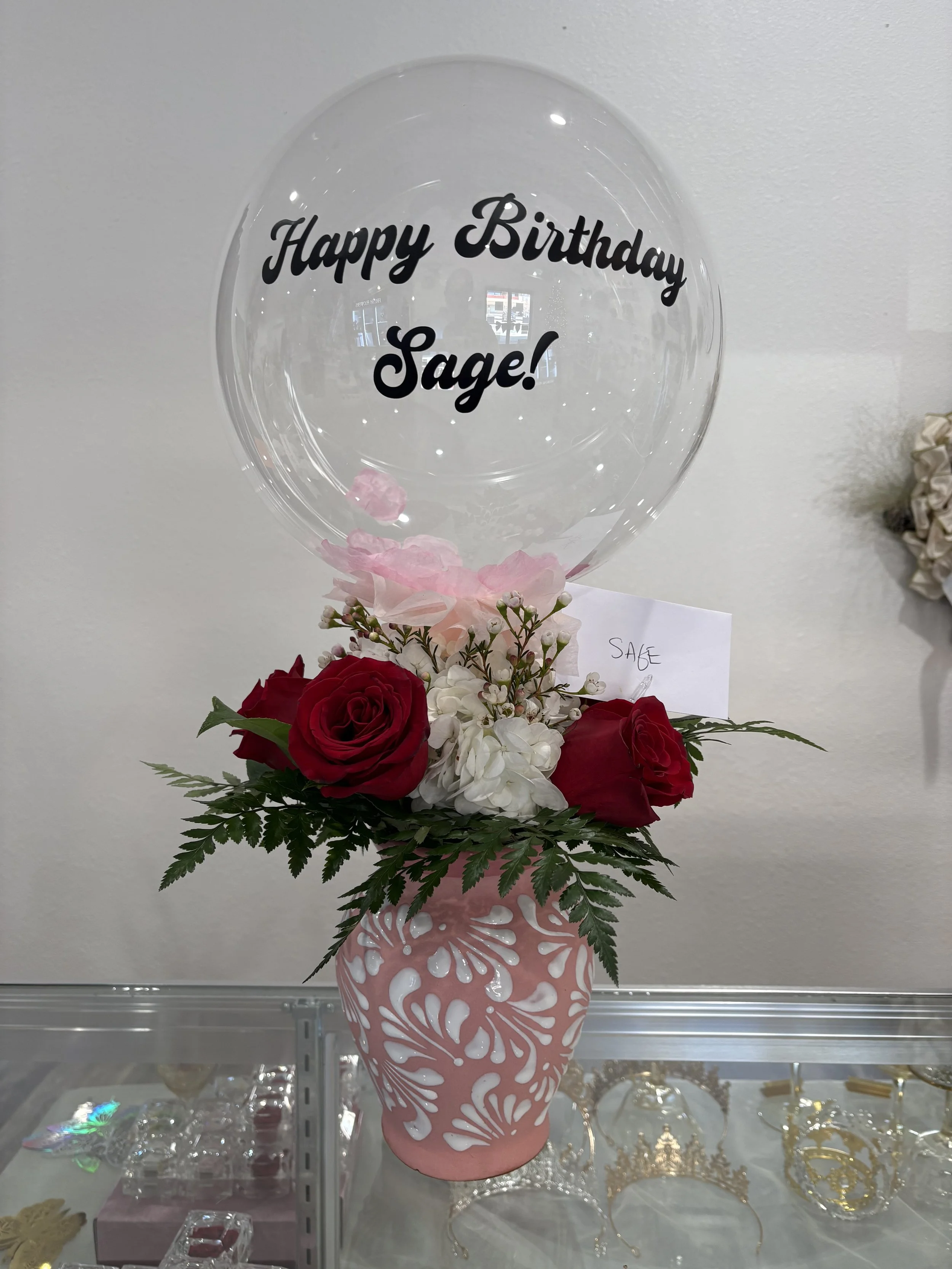 Bobo balloons and flower boxes