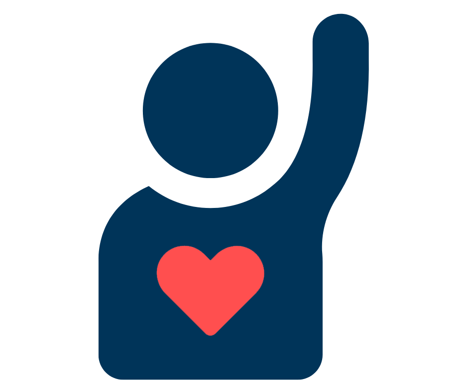 Graphic of a person with a raised hand and a heart on their chest.