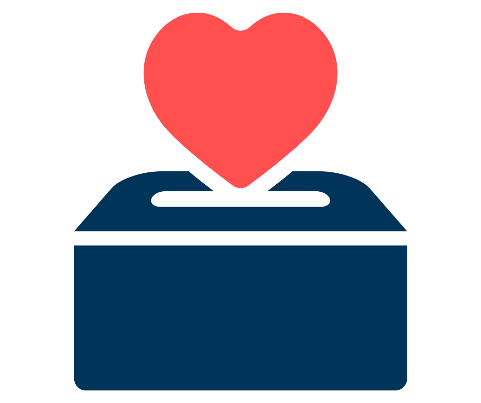 A red heart symbol inside a blue donation box.