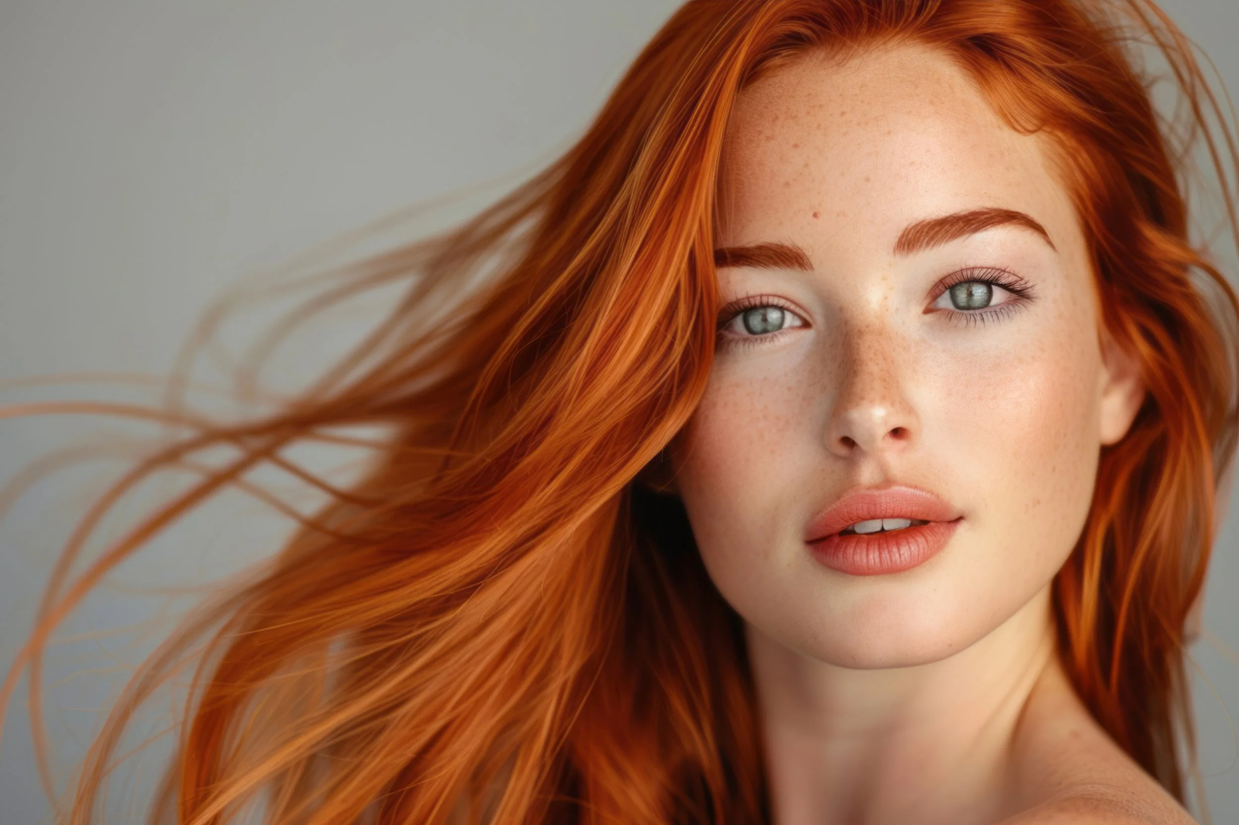 Close-up of a woman with long, wavy red hair, blue eyes, light freckles, and natural makeup, looking at the camera.