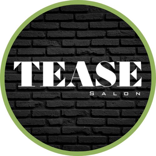Logo for Tease Salon with black brick background and white text