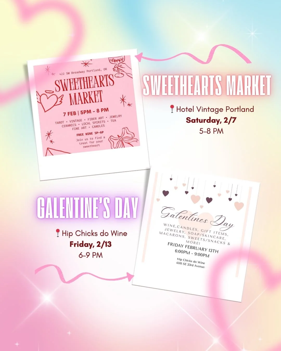 It&rsquo;s finally February!! We can&rsquo;t wait to see you this Valentine&rsquo;s Season 💘
⬇️
📍 2/7 Sweethearts Market 💕 Hotel Vintage @hotelvintagepdx &bull; 5&ndash;8 PM
⬇️
📍 2/13 Galentine&rsquo;s Day 🌹 Hip Chicks do Wine @hipchicksdowine &