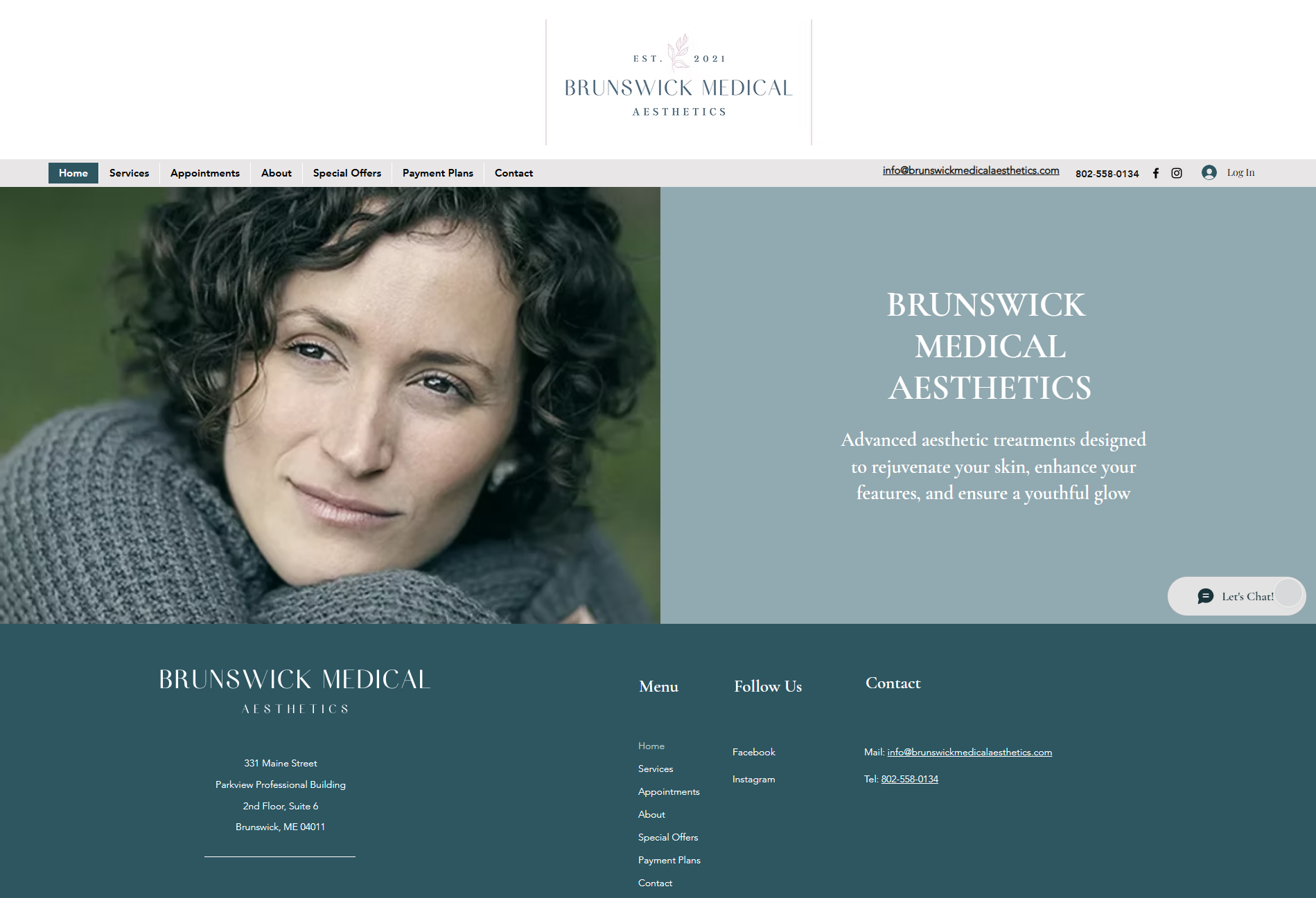 Website homepage for Brunswick Medical Aesthetics featuring a woman with curly hair looking at the camera, the logo, and navigation menu with links to services, appointments, about, special offers, payment plans, contact, and social media icons.