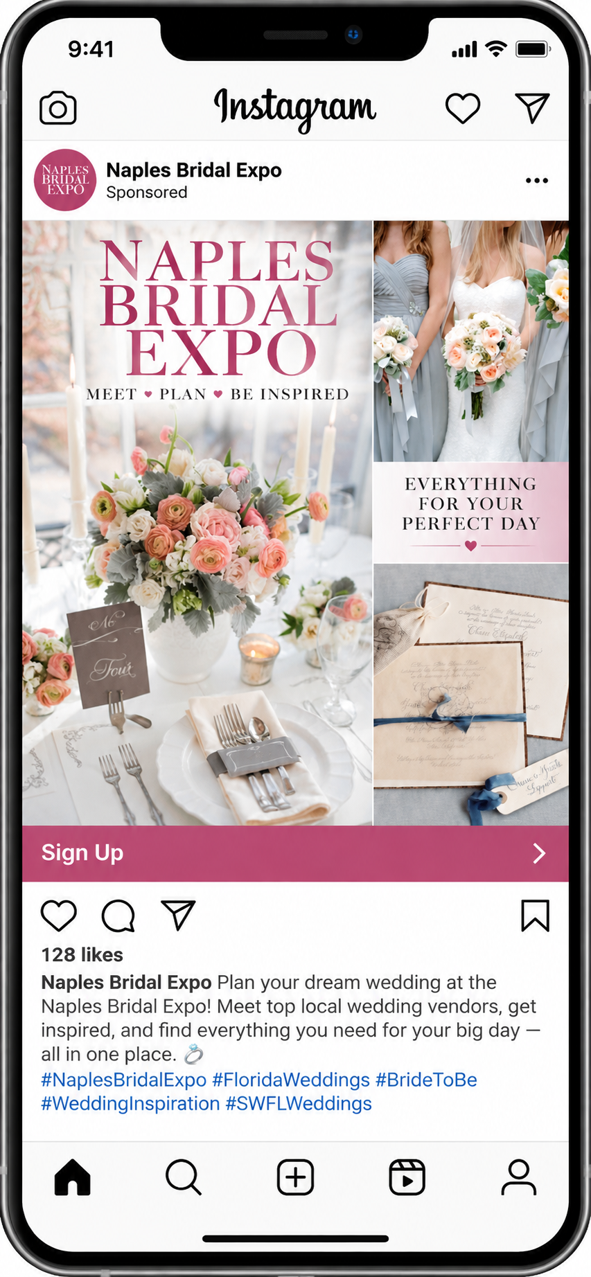 Instagram post for Naples Bridal Expo showing a floral wedding centerpiece, a wedding dress, and invitation cards.