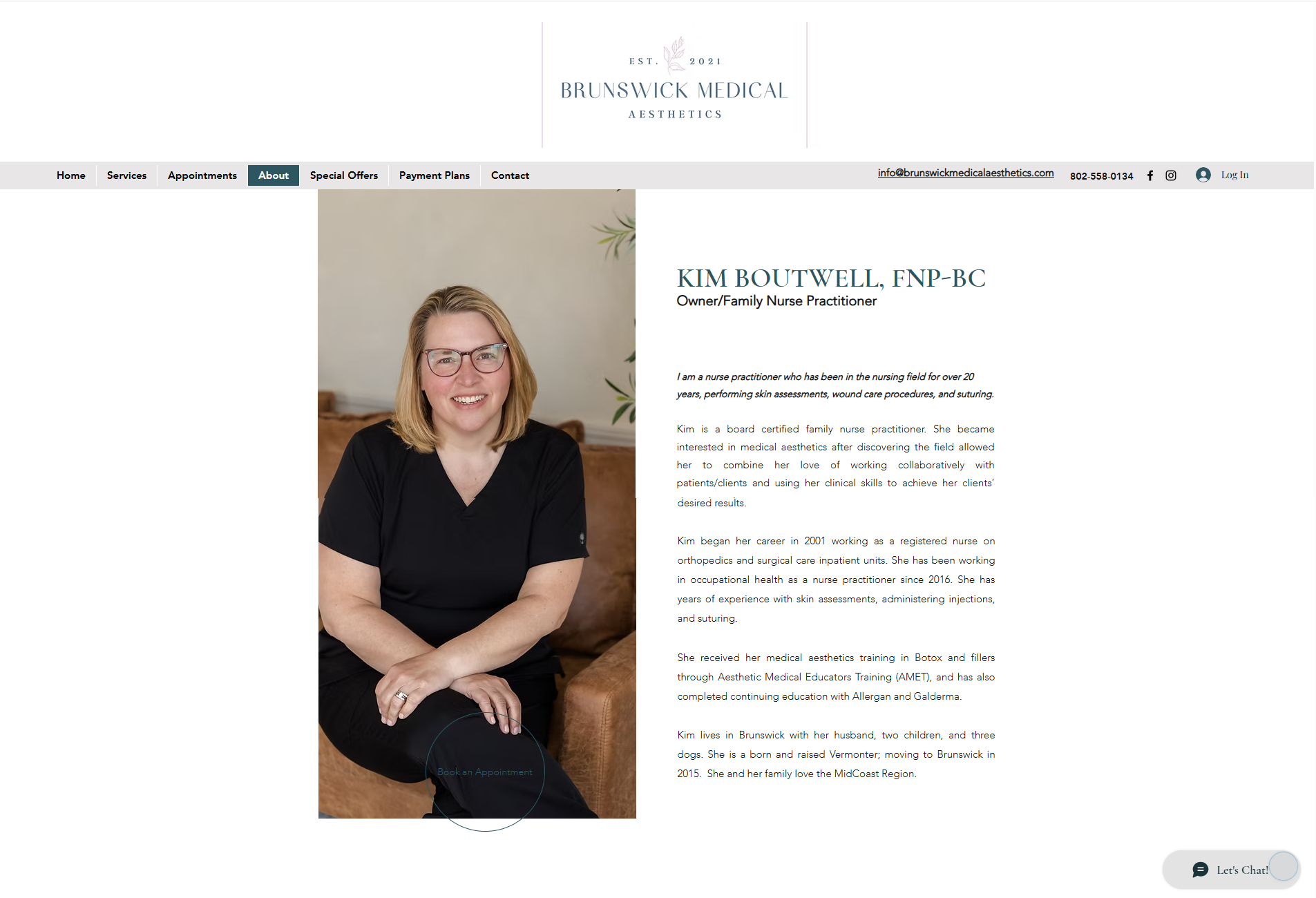 Photo of Kim Boutwell, a woman with blonde hair, glasses, wearing a black top, seated on a brown couch, smiling, in a professional portrait setting.